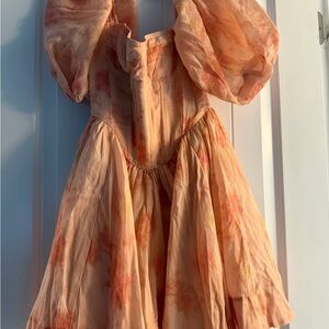 Bardot Peach Coral Puff-Sleeve Party Dress